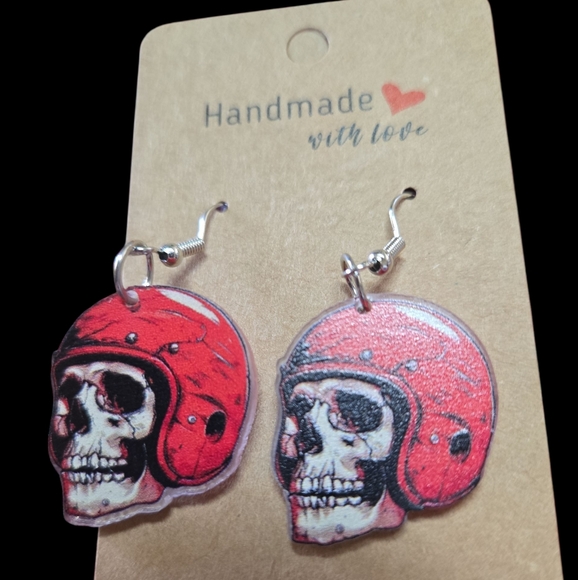 Red Skull Helmet Halloween Resin Handmade Earrings A823 - Picture 1 of 3